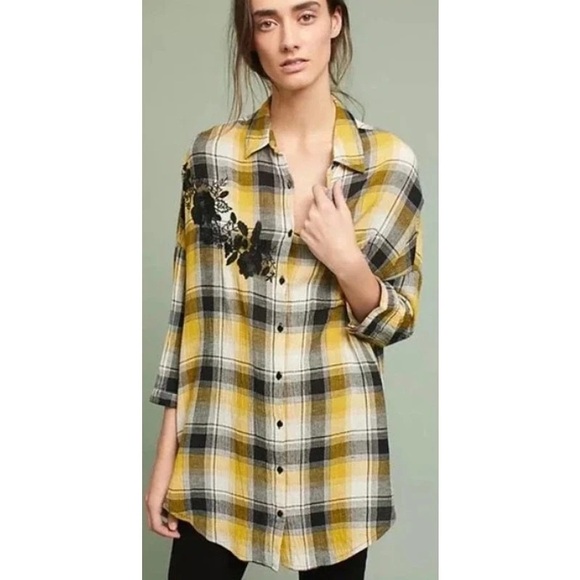 Anthropologie Maeve Shirt Women's XS/S Yellow Black Plaid Embroidered Oversized - Picture 1 of 11